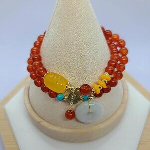 Genuine Natural Red Agate and Charm Double Layer Bracelet with Certificate